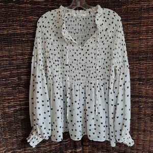 Rose + Olive Blouse Women's XL Cream Smocked Semi Sheer Heart Print Ruffle Neck